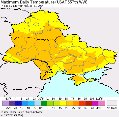 Ukraine, Moldova and Belarus Maximum Daily Temperature (USAF 557th WW) Thematic Map For 3/25/2024 - 3/31/2024