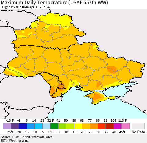 Ukraine, Moldova and Belarus Maximum Daily Temperature (USAF 557th WW) Thematic Map For 4/1/2024 - 4/7/2024