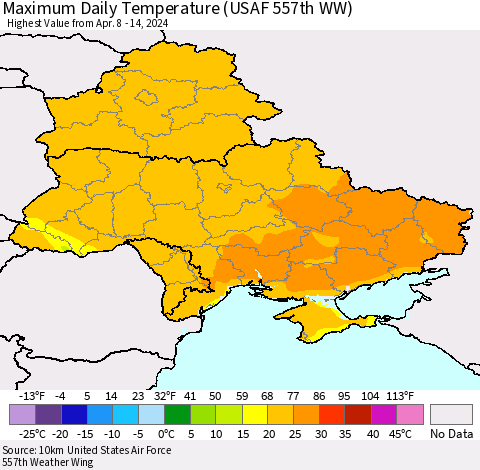 Ukraine, Moldova and Belarus Maximum Daily Temperature (USAF 557th WW) Thematic Map For 4/8/2024 - 4/14/2024