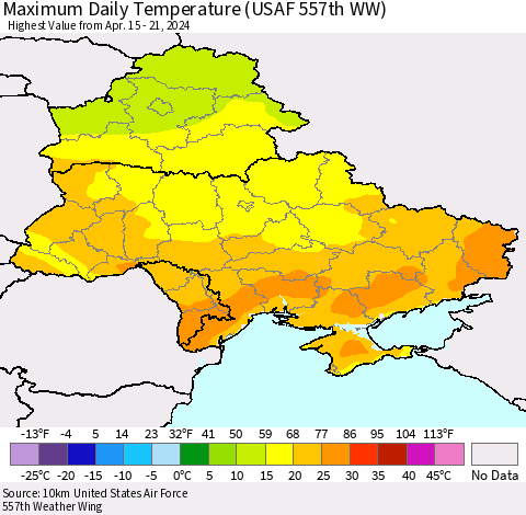 Ukraine, Moldova and Belarus Maximum Daily Temperature (USAF 557th WW) Thematic Map For 4/15/2024 - 4/21/2024