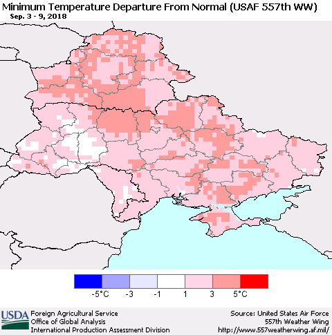 Ukraine, Moldova and Belarus Minimum Temperature Departure From Normal (USAF 557th WW) Thematic Map For 9/3/2018 - 9/9/2018