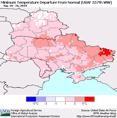 Ukraine, Moldova and Belarus Minimum Temperature Departure From Normal (USAF 557th WW) Thematic Map For 9/10/2018 - 9/16/2018