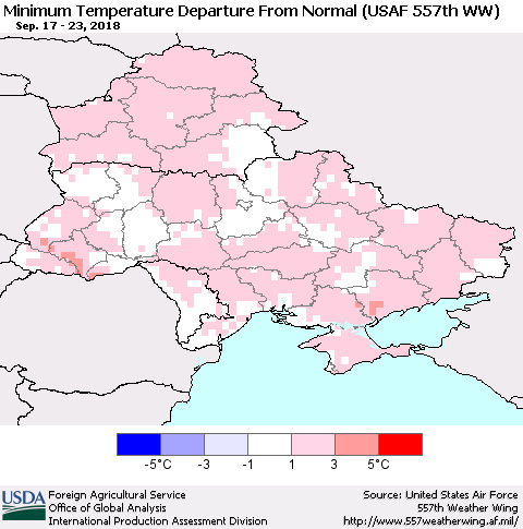 Ukraine, Moldova and Belarus Mean Minimum Temperature Departure from Normal (USAF 557th WW) Thematic Map For 9/17/2018 - 9/23/2018