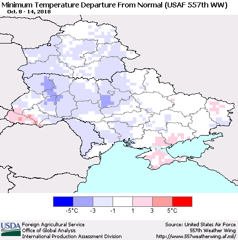 Ukraine, Moldova and Belarus Minimum Temperature Departure From Normal (USAF 557th WW) Thematic Map For 10/8/2018 - 10/14/2018