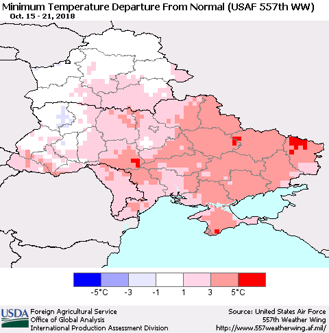 Ukraine, Moldova and Belarus Minimum Temperature Departure From Normal (USAF 557th WW) Thematic Map For 10/15/2018 - 10/21/2018