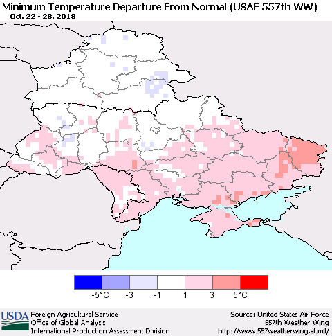 Ukraine, Moldova and Belarus Minimum Temperature Departure From Normal (USAF 557th WW) Thematic Map For 10/22/2018 - 10/28/2018