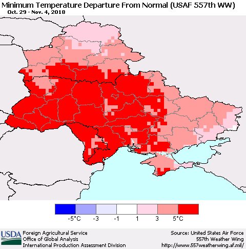 Ukraine, Moldova and Belarus Minimum Temperature Departure From Normal (USAF 557th WW) Thematic Map For 10/29/2018 - 11/4/2018