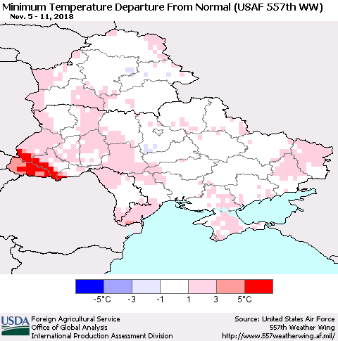 Ukraine, Moldova and Belarus Mean Minimum Temperature Departure from Normal (USAF 557th WW) Thematic Map For 11/5/2018 - 11/11/2018