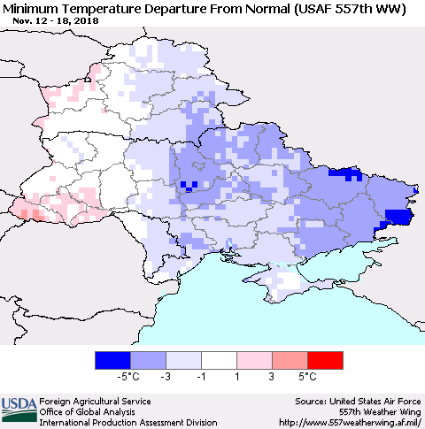 Ukraine, Moldova and Belarus Mean Minimum Temperature Departure from Normal (USAF 557th WW) Thematic Map For 11/12/2018 - 11/18/2018