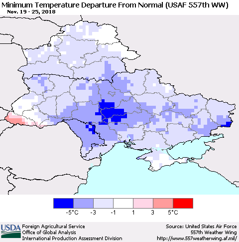 Ukraine, Moldova and Belarus Minimum Temperature Departure From Normal (USAF 557th WW) Thematic Map For 11/19/2018 - 11/25/2018