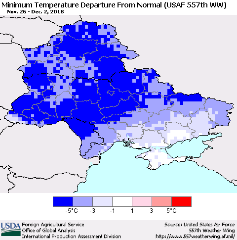 Ukraine, Moldova and Belarus Mean Minimum Temperature Departure from Normal (USAF 557th WW) Thematic Map For 11/26/2018 - 12/2/2018