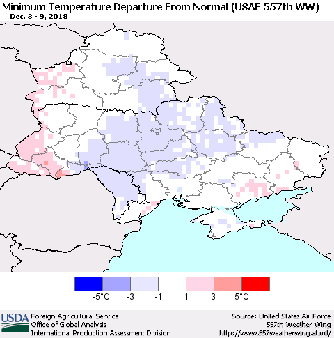 Ukraine, Moldova and Belarus Minimum Temperature Departure From Normal (USAF 557th WW) Thematic Map For 12/3/2018 - 12/9/2018