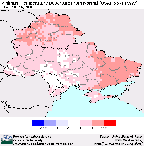 Ukraine, Moldova and Belarus Minimum Temperature Departure From Normal (USAF 557th WW) Thematic Map For 12/10/2018 - 12/16/2018