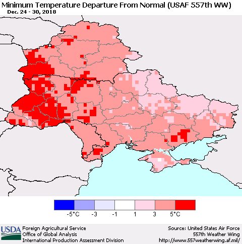 Ukraine, Moldova and Belarus Minimum Temperature Departure From Normal (USAF 557th WW) Thematic Map For 12/24/2018 - 12/30/2018