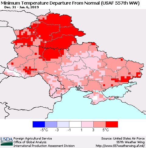 Ukraine, Moldova and Belarus Minimum Temperature Departure From Normal (USAF 557th WW) Thematic Map For 12/31/2018 - 1/6/2019