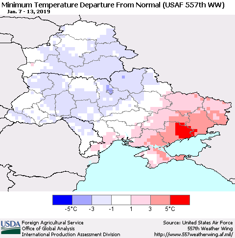 Ukraine, Moldova and Belarus Minimum Temperature Departure From Normal (USAF 557th WW) Thematic Map For 1/7/2019 - 1/13/2019