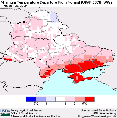 Ukraine, Moldova and Belarus Minimum Temperature Departure From Normal (USAF 557th WW) Thematic Map For 1/21/2019 - 1/27/2019