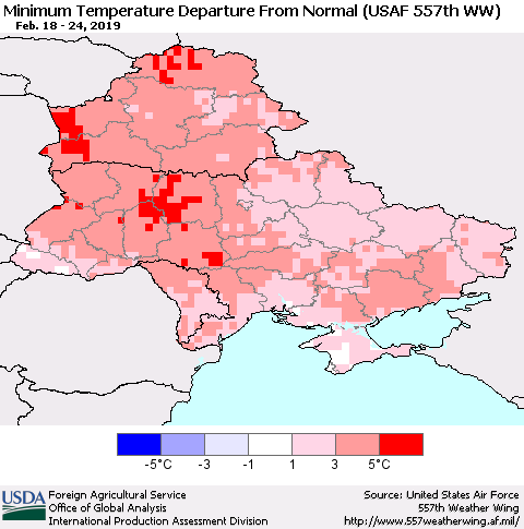 Ukraine, Moldova and Belarus Minimum Temperature Departure From Normal (USAF 557th WW) Thematic Map For 2/18/2019 - 2/24/2019