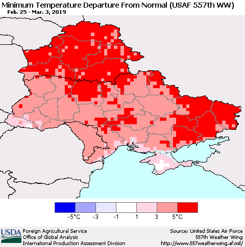 Ukraine, Moldova and Belarus Minimum Temperature Departure From Normal (USAF 557th WW) Thematic Map For 2/25/2019 - 3/3/2019