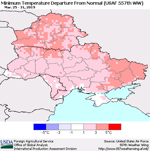 Ukraine, Moldova and Belarus Minimum Temperature Departure From Normal (USAF 557th WW) Thematic Map For 3/25/2019 - 3/31/2019