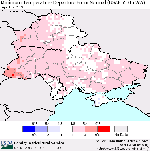Ukraine, Moldova and Belarus Minimum Temperature Departure From Normal (USAF 557th WW) Thematic Map For 4/1/2019 - 4/7/2019