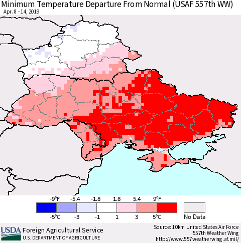 Ukraine, Moldova and Belarus Minimum Temperature Departure From Normal (USAF 557th WW) Thematic Map For 4/8/2019 - 4/14/2019