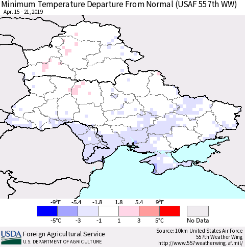Ukraine, Moldova and Belarus Minimum Temperature Departure From Normal (USAF 557th WW) Thematic Map For 4/15/2019 - 4/21/2019