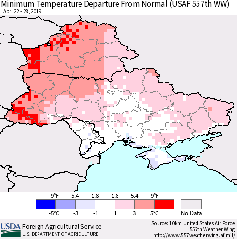 Ukraine, Moldova and Belarus Mean Minimum Temperature Departure from Normal (USAF 557th WW) Thematic Map For 4/22/2019 - 4/28/2019