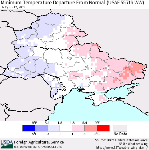 Ukraine, Moldova and Belarus Minimum Temperature Departure From Normal (USAF 557th WW) Thematic Map For 5/6/2019 - 5/12/2019