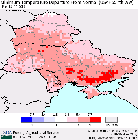Ukraine, Moldova and Belarus Mean Minimum Temperature Departure from Normal (USAF 557th WW) Thematic Map For 5/13/2019 - 5/19/2019