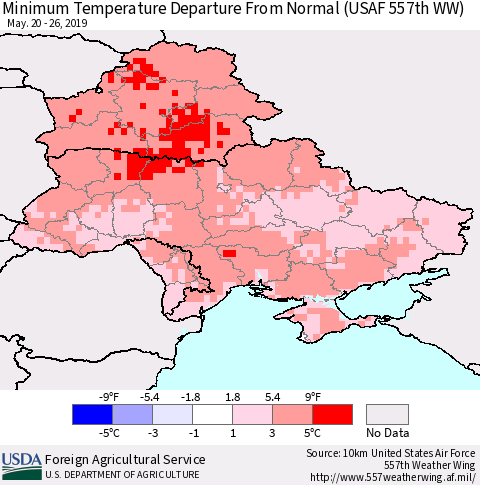 Ukraine, Moldova and Belarus Minimum Temperature Departure From Normal (USAF 557th WW) Thematic Map For 5/20/2019 - 5/26/2019