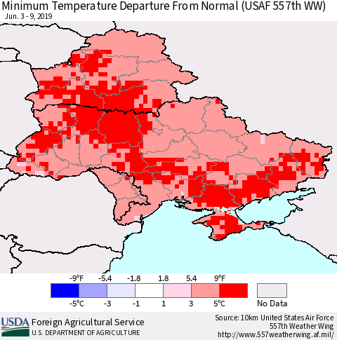 Ukraine, Moldova and Belarus Mean Minimum Temperature Departure from Normal (USAF 557th WW) Thematic Map For 6/3/2019 - 6/9/2019