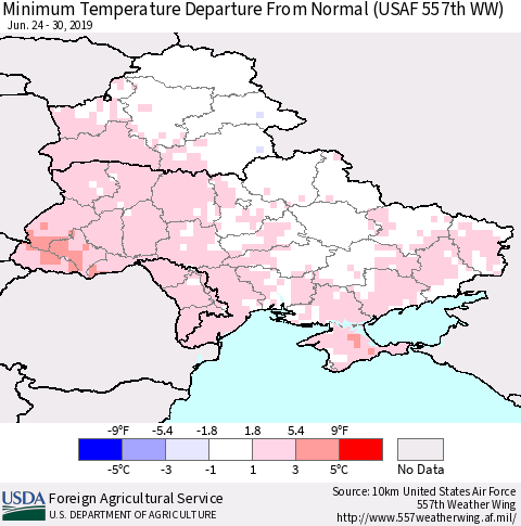 Ukraine, Moldova and Belarus Minimum Temperature Departure From Normal (USAF 557th WW) Thematic Map For 6/24/2019 - 6/30/2019