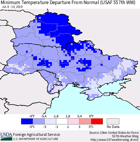 Ukraine, Moldova and Belarus Minimum Temperature Departure From Normal (USAF 557th WW) Thematic Map For 7/8/2019 - 7/14/2019