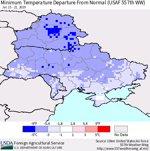 Ukraine, Moldova and Belarus Minimum Temperature Departure From Normal (USAF 557th WW) Thematic Map For 7/15/2019 - 7/21/2019