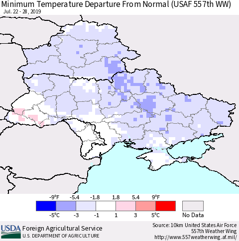 Ukraine, Moldova and Belarus Minimum Temperature Departure From Normal (USAF 557th WW) Thematic Map For 7/22/2019 - 7/28/2019