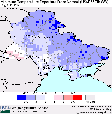 Ukraine, Moldova and Belarus Mean Minimum Temperature Departure from Normal (USAF 557th WW) Thematic Map For 8/5/2019 - 8/11/2019