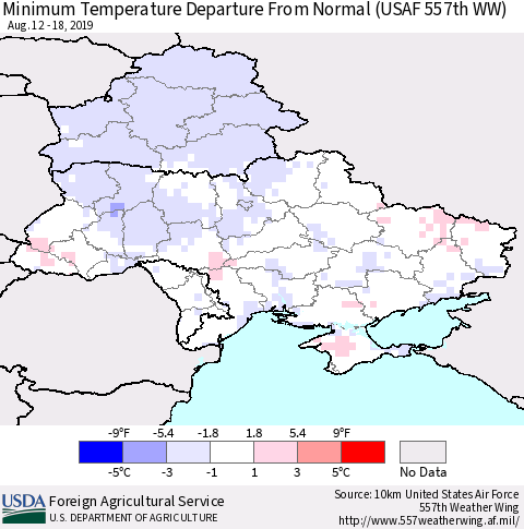Ukraine, Moldova and Belarus Mean Minimum Temperature Departure from Normal (USAF 557th WW) Thematic Map For 8/12/2019 - 8/18/2019