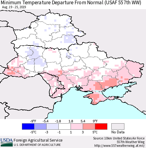 Ukraine, Moldova and Belarus Minimum Temperature Departure From Normal (USAF 557th WW) Thematic Map For 8/19/2019 - 8/25/2019
