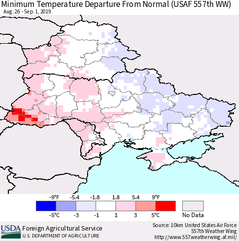 Ukraine, Moldova and Belarus Mean Minimum Temperature Departure from Normal (USAF 557th WW) Thematic Map For 8/26/2019 - 9/1/2019