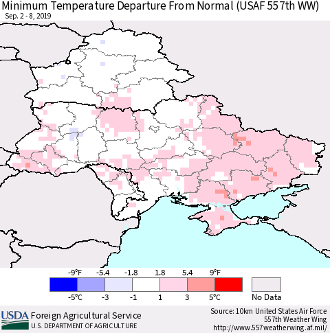 Ukraine, Moldova and Belarus Mean Minimum Temperature Departure from Normal (USAF 557th WW) Thematic Map For 9/2/2019 - 9/8/2019