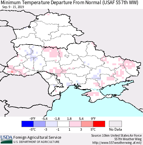 Ukraine, Moldova and Belarus Mean Minimum Temperature Departure from Normal (USAF 557th WW) Thematic Map For 9/9/2019 - 9/15/2019