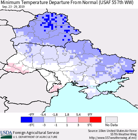 Ukraine, Moldova and Belarus Minimum Temperature Departure From Normal (USAF 557th WW) Thematic Map For 9/23/2019 - 9/29/2019