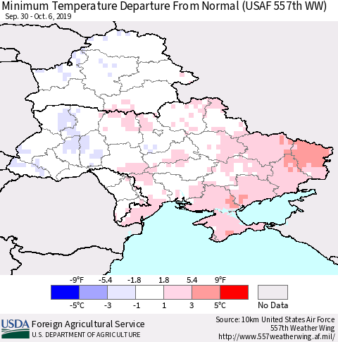 Ukraine, Moldova and Belarus Minimum Temperature Departure From Normal (USAF 557th WW) Thematic Map For 9/30/2019 - 10/6/2019