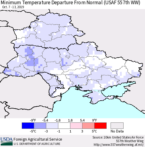 Ukraine, Moldova and Belarus Minimum Temperature Departure From Normal (USAF 557th WW) Thematic Map For 10/7/2019 - 10/13/2019