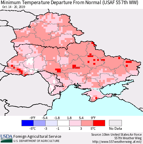 Ukraine, Moldova and Belarus Mean Minimum Temperature Departure from Normal (USAF 557th WW) Thematic Map For 10/14/2019 - 10/20/2019