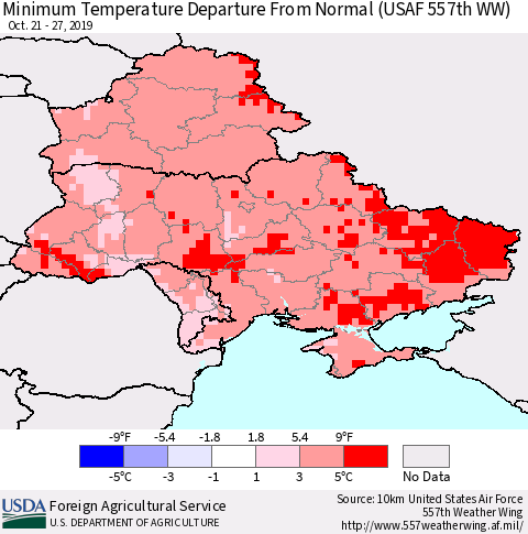 Ukraine, Moldova and Belarus Minimum Temperature Departure From Normal (USAF 557th WW) Thematic Map For 10/21/2019 - 10/27/2019