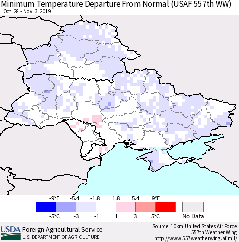 Ukraine, Moldova and Belarus Mean Minimum Temperature Departure from Normal (USAF 557th WW) Thematic Map For 10/28/2019 - 11/3/2019