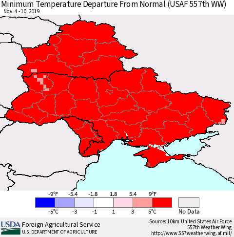 Ukraine, Moldova and Belarus Mean Minimum Temperature Departure from Normal (USAF 557th WW) Thematic Map For 11/4/2019 - 11/10/2019