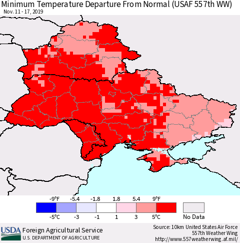 Ukraine, Moldova and Belarus Minimum Temperature Departure From Normal (USAF 557th WW) Thematic Map For 11/11/2019 - 11/17/2019